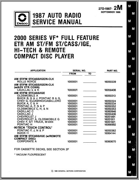 GM Delco 1987 Pontiac Radio Integral Remote Cassette Service Manual 27D-1987-3F 